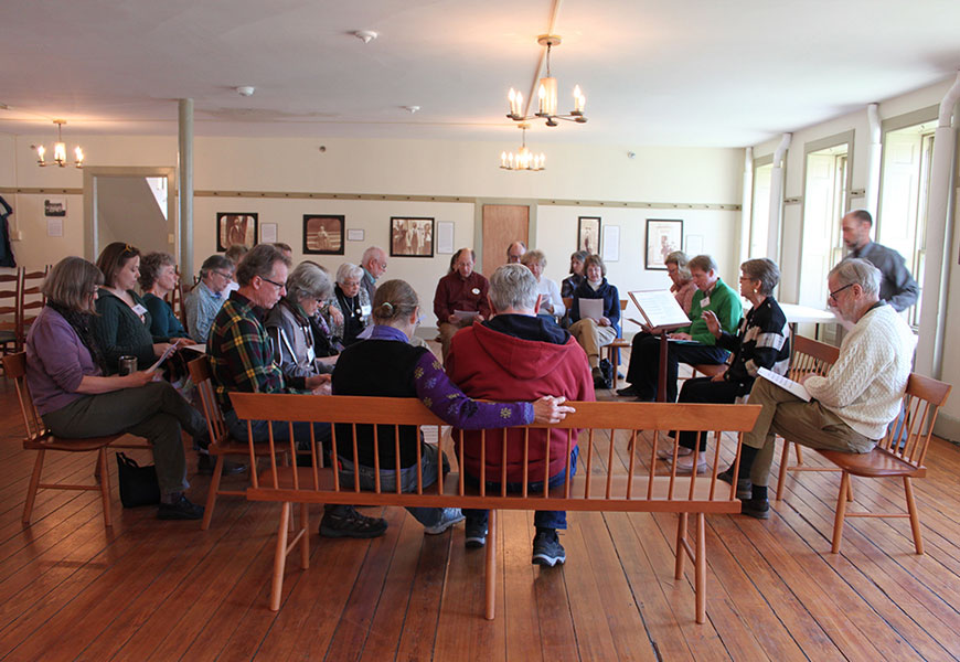 A Shaker Sing led by Mary Ann Haagen in the Meeting Room at Enfield Shaker Museum in Enfield, New Hampshire.