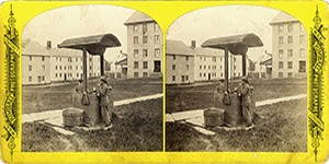 Stereoview at Enfield, NH Shaker Village - Boys Drinking at a Well in Church door yard.