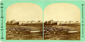 Stereoview of Canterbury, NH Shaker Village - Church Family from the South.