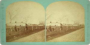 Stereoview of Canterbury, NH Shaker Village - Church Family from the North.