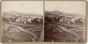 Stereoview of Enfield, NH Shaker Village - Looking east, South Family buildings in the foreground.