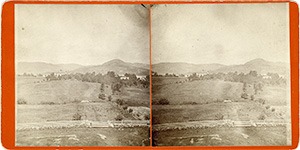 Stereoview of Enfield, NH Shaker Village - Looking northeast, Great Stone Dwelling in the distance.