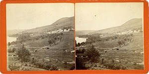 Stereoview of Enfield, NH Shaker Village - Looking east, South Family in the distance.