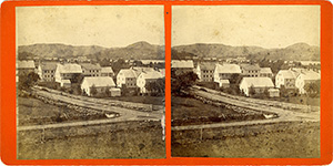 Stereoview of Enfield, NH Shaker Village - Looking east, South Family buildings in the foreground.