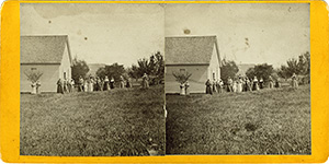 Stereoview of Enfield, NH Shaker Village - South Family schoolhouse with Shakers singing.