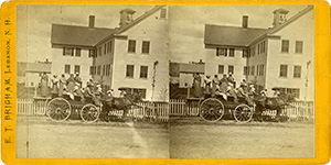 Stereoview of Enfield, NH Shaker Village - Shakers boarding wagon at the South Family Dwelling House.