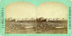 Stereoview of Canterbury, NH Shaker Village - Church Family from the South.