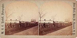 Stereoview of Canterbury, NH Shaker Village - Church Family from the north.