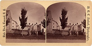 Stereoview of Canterbury, NH Shaker Village - Church Family from the west.