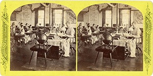 Stereoview of Canterbury, NH Shaker Village - School Room with Teacher and pupils.