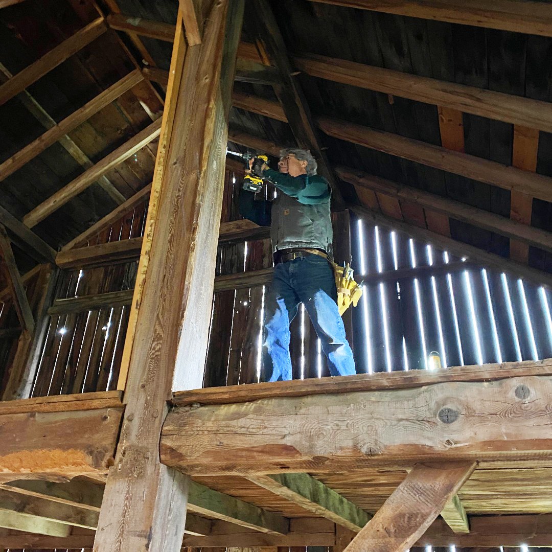 Drilling wood core samples in West Meadow Barn