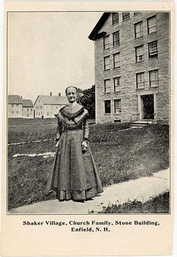 Postcard of Eldress Mary Ann Joslin at the Great Stone Dwelling in Enfield, New Hampshire